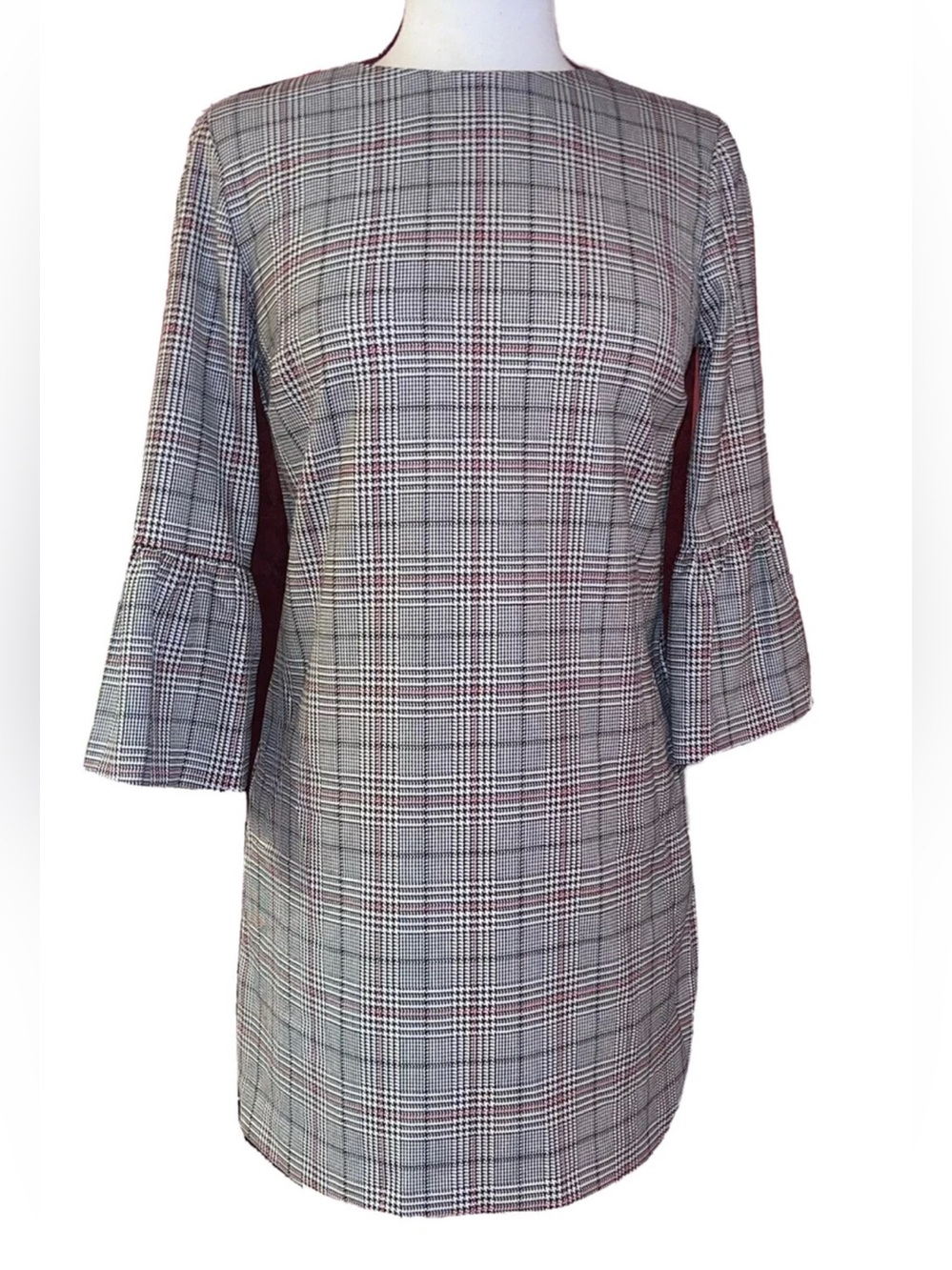 NWT Zara Black White Red Plaid Mod Mini Dress w/ Bell Sleeves